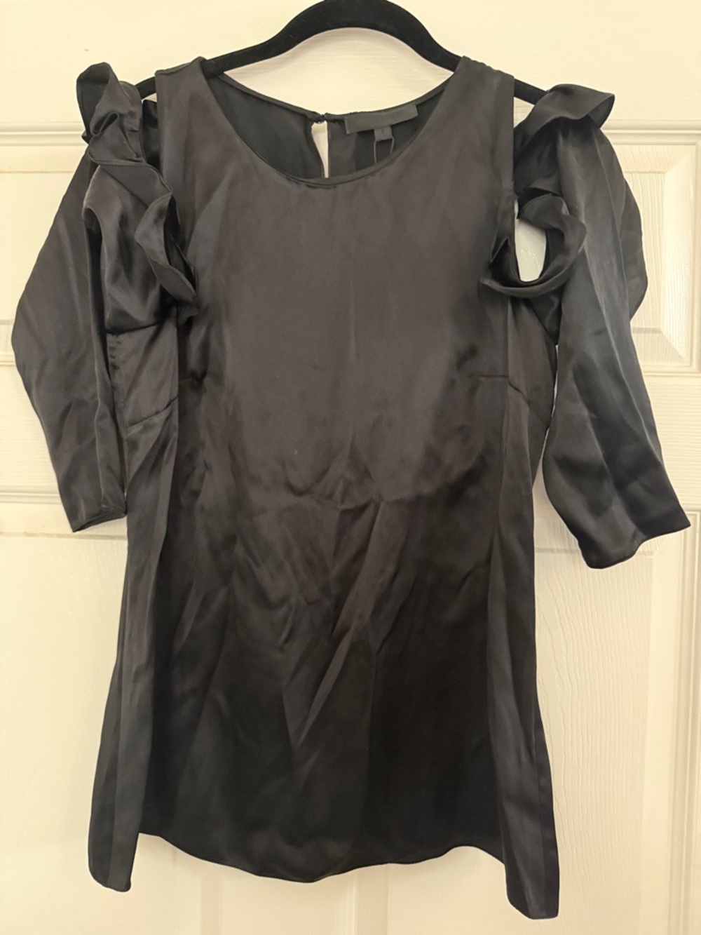 Satin Cold-Shoulder Blouse with Ruffle Sleeves - Black